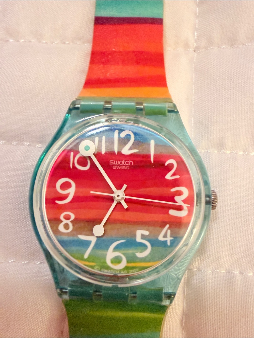 Swatch Kids Striped Rainbow Dial Watch - Red, Orange, Green, Blue